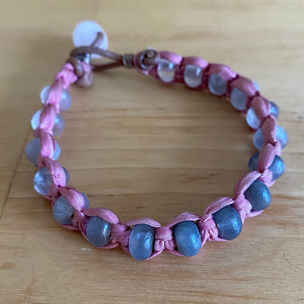 Cloudy Quartz and Rose Quartz Bracelet, Pink Silk