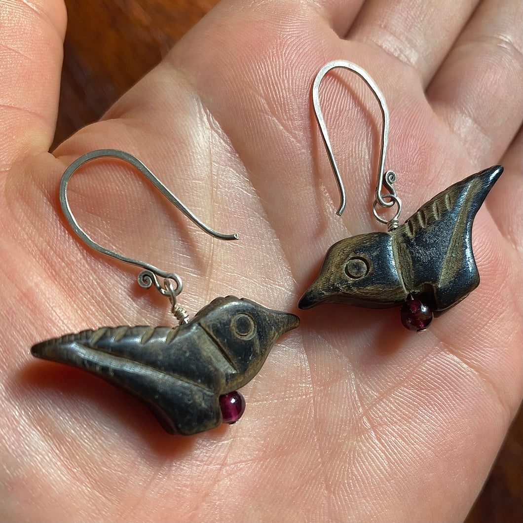 Carved Bone Black Bird and Garnet Berry Earrings